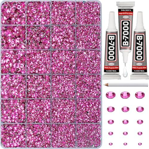 33000Pcs Dark Pink Rhinestones for Bedazzling, Bedazzler Kit with Flatback Craft Rhinestones Bulk and B7000 Glue, 2,3,4,5,6mm Resin Flat Back Crystals for Craftings, Clothes, Nails