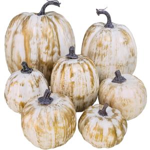 7 Pcs Assorted Sizes Fall Artificial Pumpkins Harvest Pumpkins Faux Foam Pumpkins for Fall Autumn Season Halloween Thanksgiving Harvest Holiday Season Festive Tabletop Decoration (Gold Brush White)