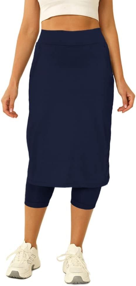 Aurgelmir Womens Tennis Skirt with Capris Leggings Golf Knee Length Skorts Athletic Long Skirts for Women with Pockets (Black, L)
