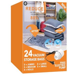 24 Pack Vacuum Storage Bags with Electric Pump, (5 Jumbo, 5 Large, 5 Medium, 5 Small, 4 Roll Up Bags) Space Saver Bag for Clothes, Mattress, Blanket, Duvets, Pillows, Comforters,Travel