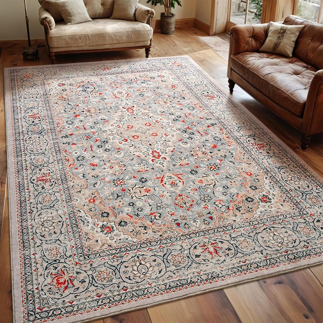 Washable Rug 4x6, Beige Area Rugs Non Slip, Indoor Low Pile Carpet with Rubber Backing for Living Room Kitchen Bathroom Entryway Office Bedroom