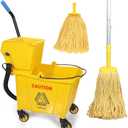 35-Qt Side Press Wringer Combo Commercial Floor Cleaning Rectangular Mop Bucket on Wheels, Yellow,Add One Commercial Mop and One Mop Head Replacement