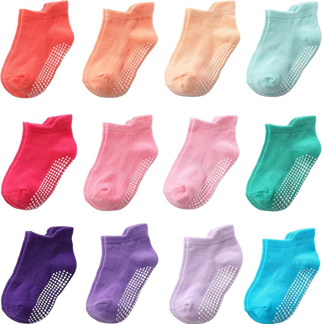 Non Slip Grip Ankle Baby Socks 12 Pack for Toddler Boys and Girls Kids Infant Baby Cute Cotton Socks (Rainbow1)