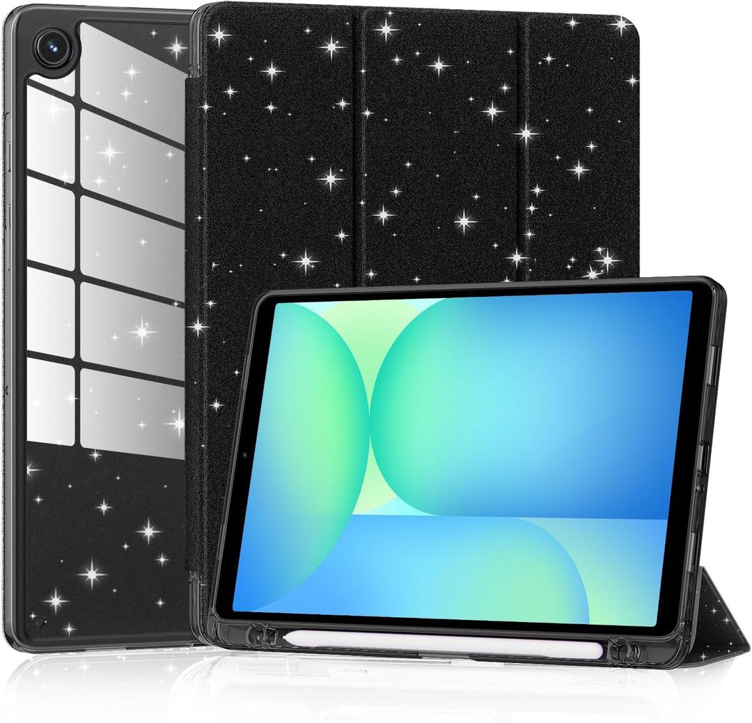 Case for Samsung Galaxy Tab A11 8.7 Inch 2025 (Model: SM-X130/X133/X135), Cute Glittering Sparkly Shockproof Cover with Sparkly Crystal Clear Back and Pencil Holder for Galaxy Tab A11, Black