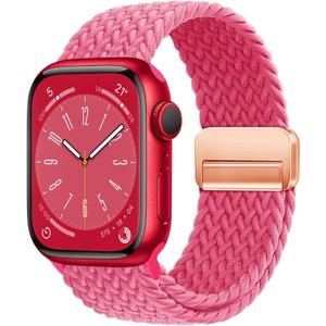 Magnetic Braided Solo Loop Band Compatible with Apple Watch Series 10 42mm 46mm 9 8 7 6 5 4 40mm 41mm 44mm 45mm 49mm for Women Men, Stretchy Nylon Elastic Sport Strap for iWatch SE/Ultra 1/2 (Orange Pink)