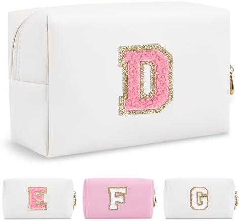 Personalized Makeup Bag Initial A-Z Preppy Patch Bag,Small PU Leather Travel Cosmetic Bag Pouch with Zipper,White Cute Toiletry Bag,Gift Ideal for Teen Girls Women Birthday Friend Mom,Letter D