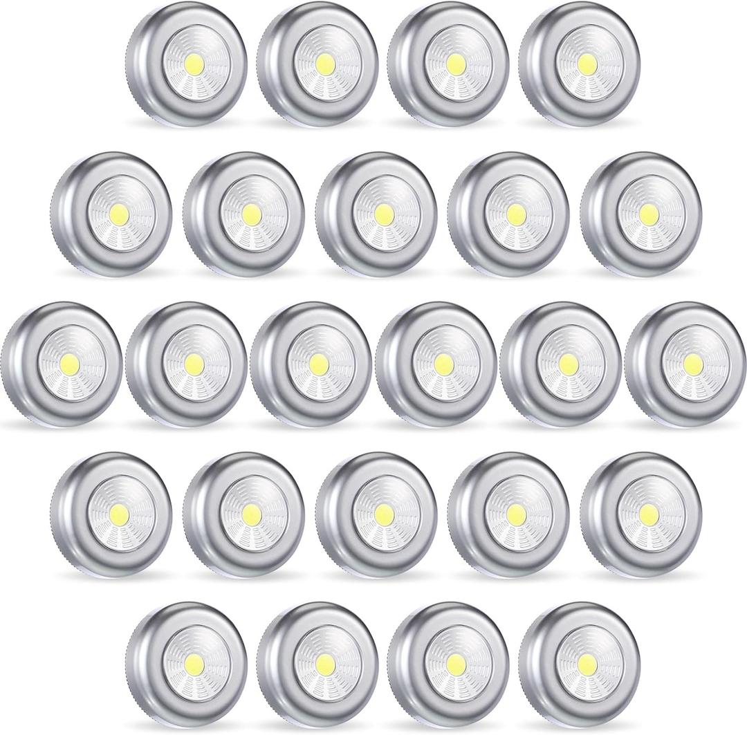 Macarrie 24 Pcs Push Tap Light 2.68" Mini Night Touch LED Puck Lamp Wireless Portable Under Cabinet 60 Lumens Battery Operated Stick On Lights for Counter Wall Closet Kitchen(Silver)