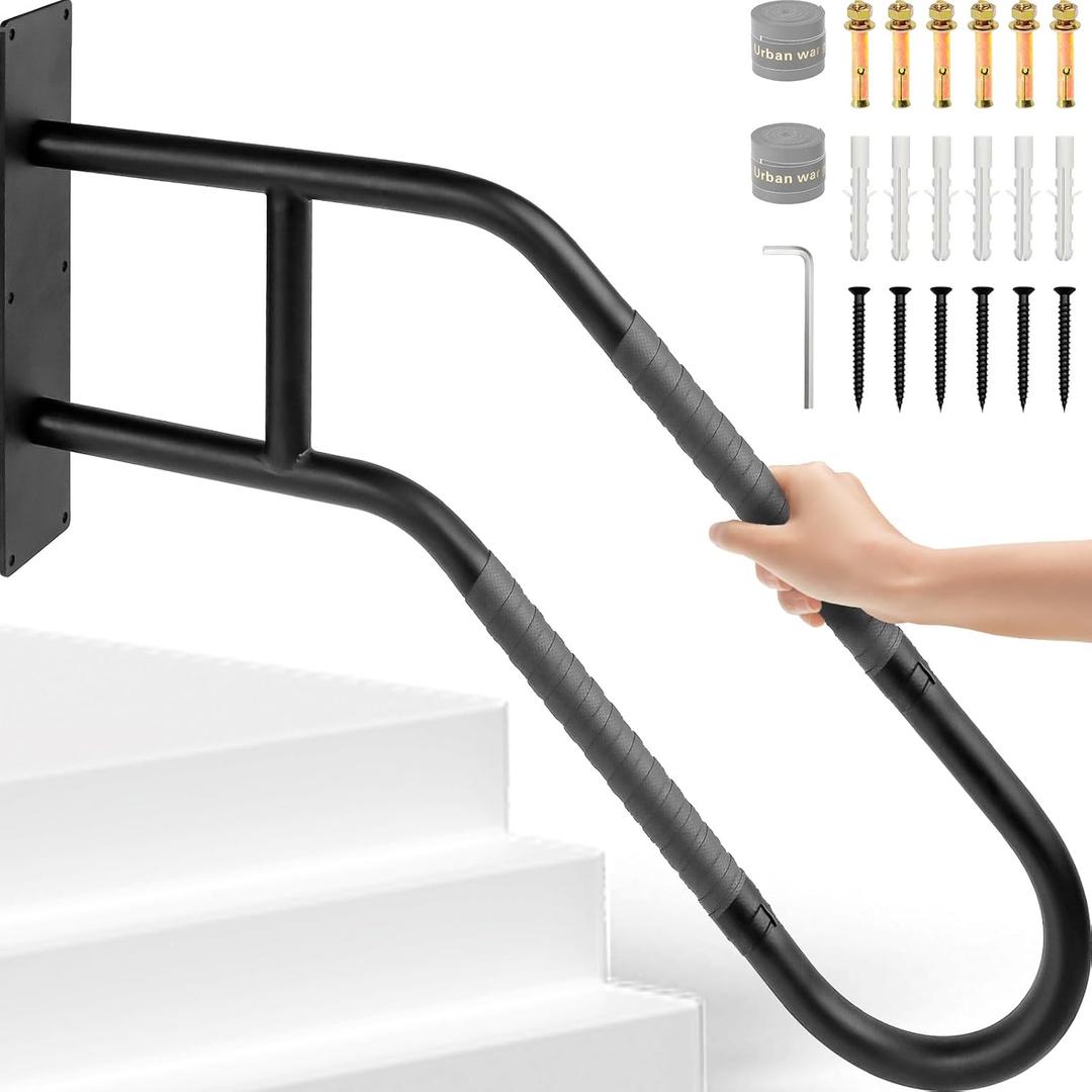 Handrails for Outdoor Steps Stair Railing Indoor, 1 to 3 Steps Stairs Wall Mounted Metal U-Shaped Safety Grab Bar Handrail for The Elderly, Kids, Disabled, Pregnant Women, Upgrade 1 Pack, Black