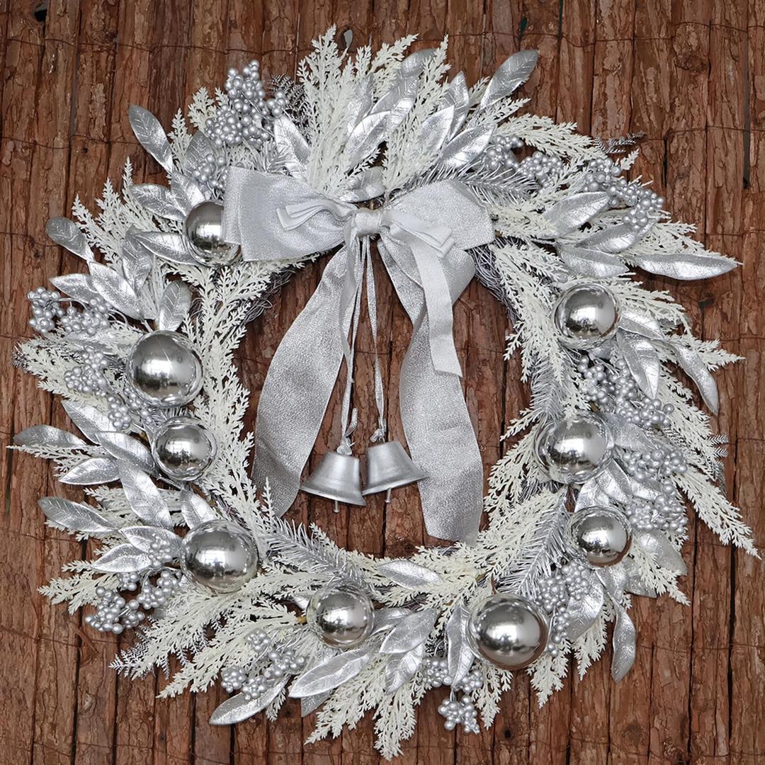 24" Silver Christmas Wreaths for Front Door, Silver Berry Leaves Bells Balls Xmas Wreath with White Fake Pampas Grass, Door Reef for Windows Fireplaces Walls, Front Porch Indoor and Outdoor 24" Silver Christmas Wreaths for Front Door, Silver Berry Leaves Bells Balls Xmas Wreath with White Fake Pampas Grass, Door Reef for Windows Fireplaces Walls, Front Porch Indoor and Outdoor