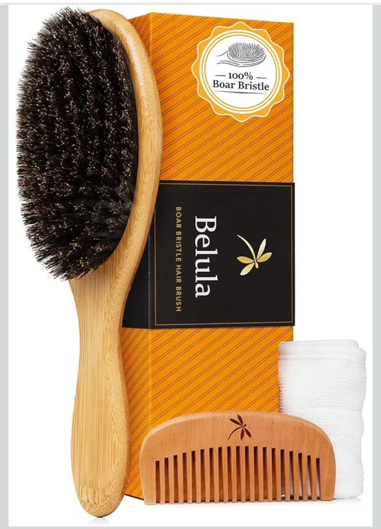 Belula 100% Boar Bristle Hair Brush Set (Medium). Soft Natural Bristles for Thin and Fine Hair. Restore Shine And Texture. Wooden Comb, Travel Bag and Spa Headband Included!