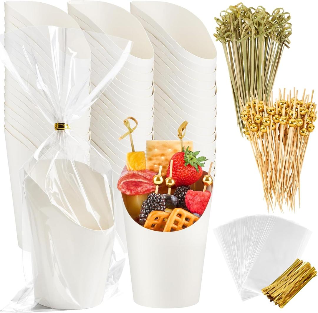 Ocmoiy Disposable Charcuterie APPETIZER CUPS with Sticks and Bags - Kraft Paper, 14 oz, White - 50 Cups, 200 Picks, 50 Bags