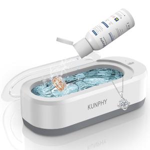 KUNPHY Jewelry Cleaner, 46KHZ, 12OZ Capacity, Ultrasonic Jewelry Cleaner with 50ml Solution, One-Touch Operation, Professional Ultrasonic Cleaner Idea for Silver, Gold Jewelry, Glasses, Rings, Diamond (White+SW001)
