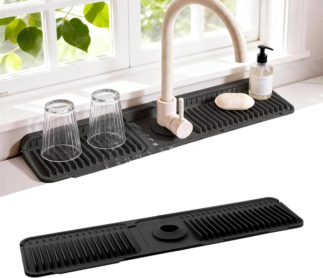 Faucet Mat for Kitchen Sink, 24"X5.5" Silicone Sink Splash Guard with Soap Holder, Snap-On Design & 7slope Fast Drain, Folding Sink Faucet Mat for Universal Kitchen Bathroom SinkBlack