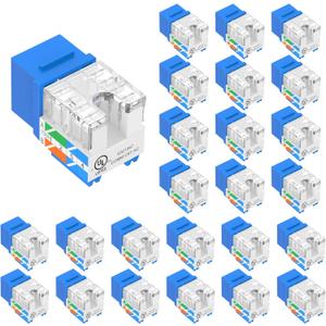 VCE UL Listed 10Gbps Cat6 Keystone Jack Insert 25-Pack, 90 Degree Punch Down RJ45 Keystone Jack Adapter Slim Profile Blue