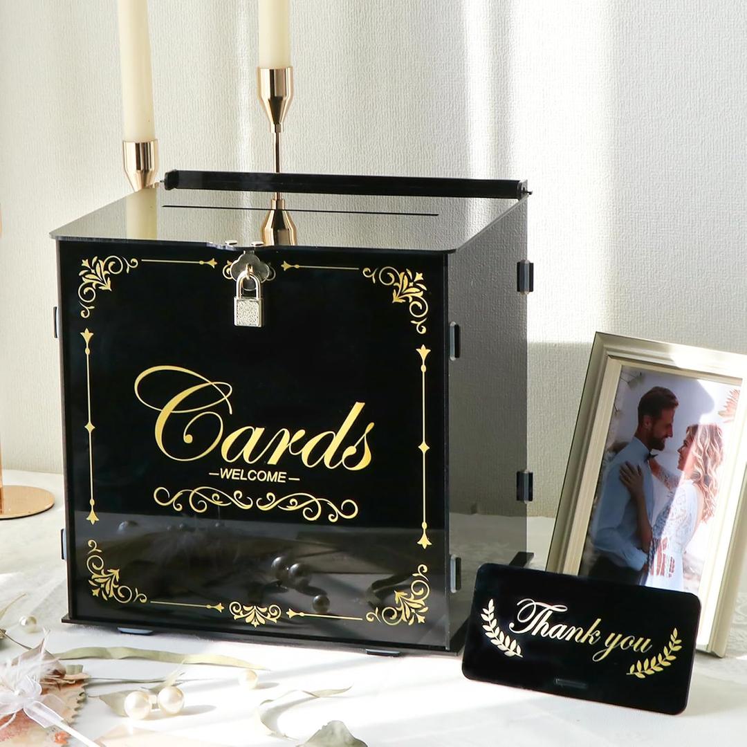 OurWarm Acrylic Wedding Card Box with Lock, Black Gift Card Box for Wedding Reception & More