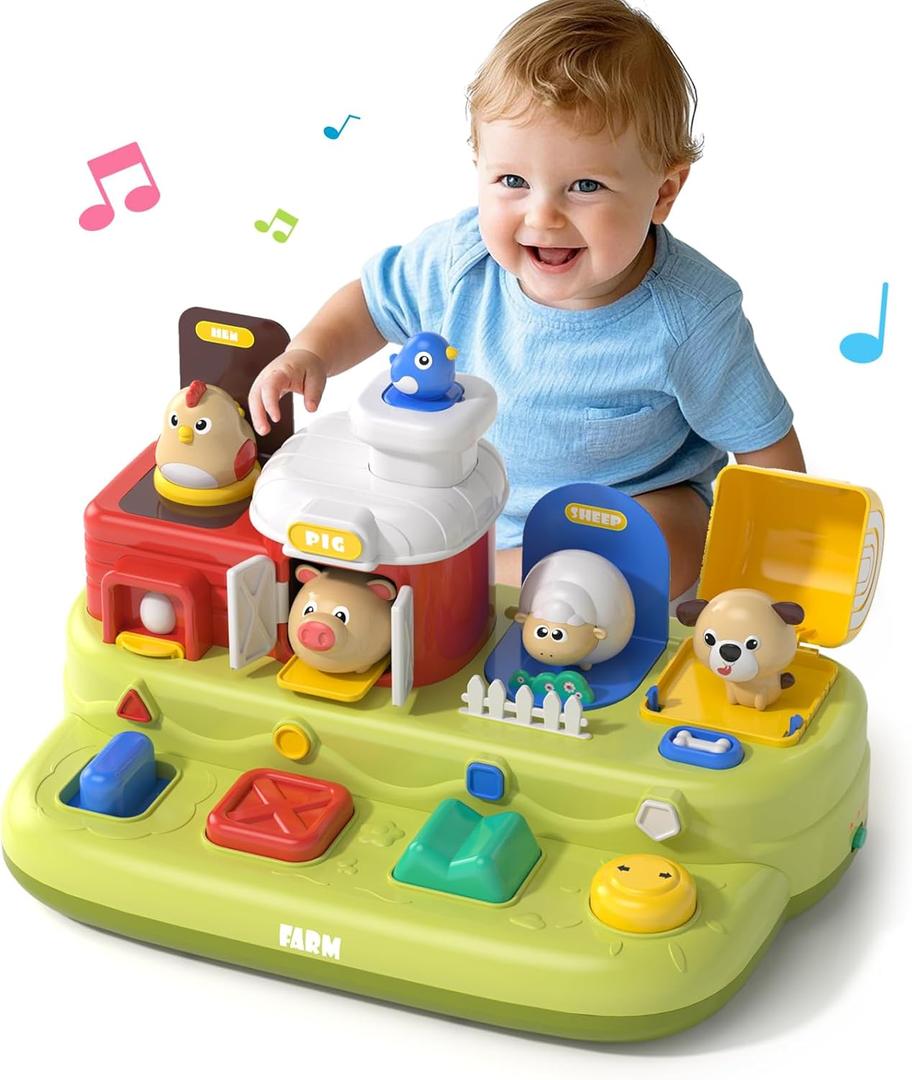 Interactive Pop Farm Animal Up Toys With Music Sounds,Cause and Effect Pop Up Toy for 1 year old,Learning Educational Montessori Toy for Toddlers 1-3, 1 Year Old Toys for Boys Girls Birthday Gift
