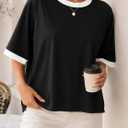 LilyCoco Oversized Ringer Tee Women Summer Boxy Short Sleeve T Shirts | Summer Casual Tshirt, Contrast Trim Top, Drop Shoulder, Color Block, Basic Loose Fit Tees, Weekend Going Out Clothes (Black, M)
