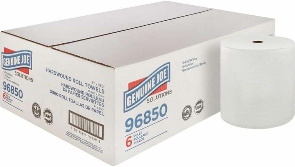 Genuine Joe Hardwound Roll Towels, White, 7" x 850', 6 Count