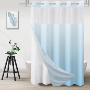 TWLSNCD No Hook Shower Curtain with Snap in Liner, Ombre Sky Blue Shower Curtains and Liner Set, Hotel Fabric Bath Curtain for Bathroom, Mesh Top Window Waterproof Washable, 71" x 74"
