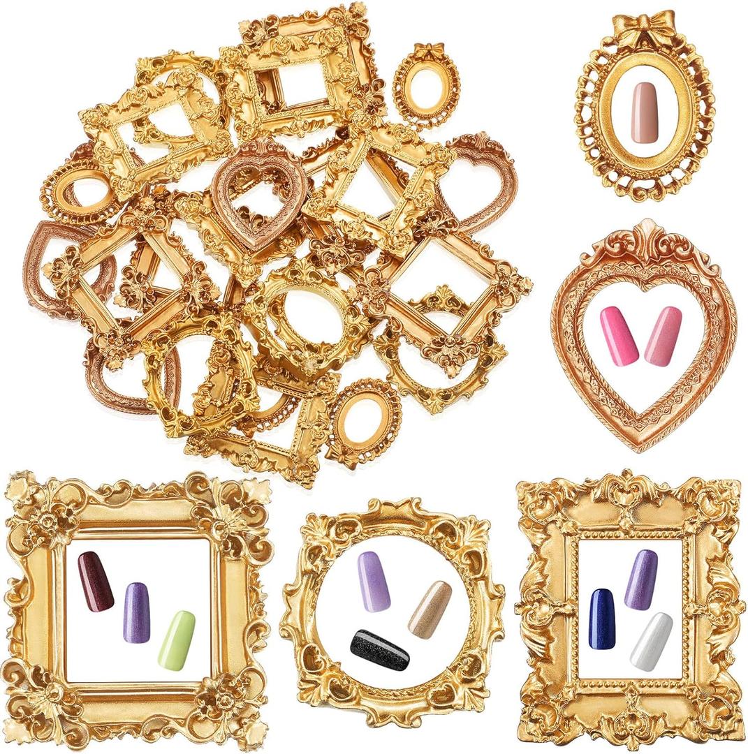 Vicenpal 10 Pcs Vintage Mini Picture Frames Baroque Antique Small Resin Jewelry Display Table Frame for Christmas DIY Photo Holiday Party Decoration (Gold)