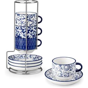 vancasso 8OZ Stackable Cappuccino Cups, Porcelain Espresso Cups with Saucers and Metal Stand Set of 4, Classic Printed Tea Cup Set for Coffee Drinks, Latte, Series SELENE (Vintage Blue, 8 Ounce)