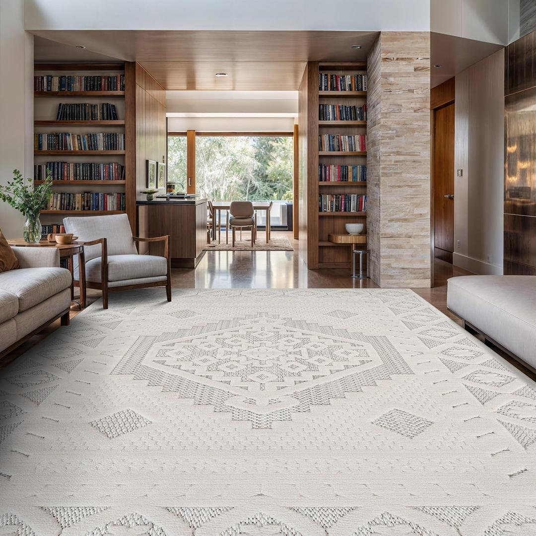 Luul Home Modern Micro Loop Indoor Area Rugs for Living Room Bedroom Kitchen Geometric Trellis White 10x14 Luxury Durable Low and High Pile Non-Shedding Stain Resistant Soft Area Carpet 10 x 14