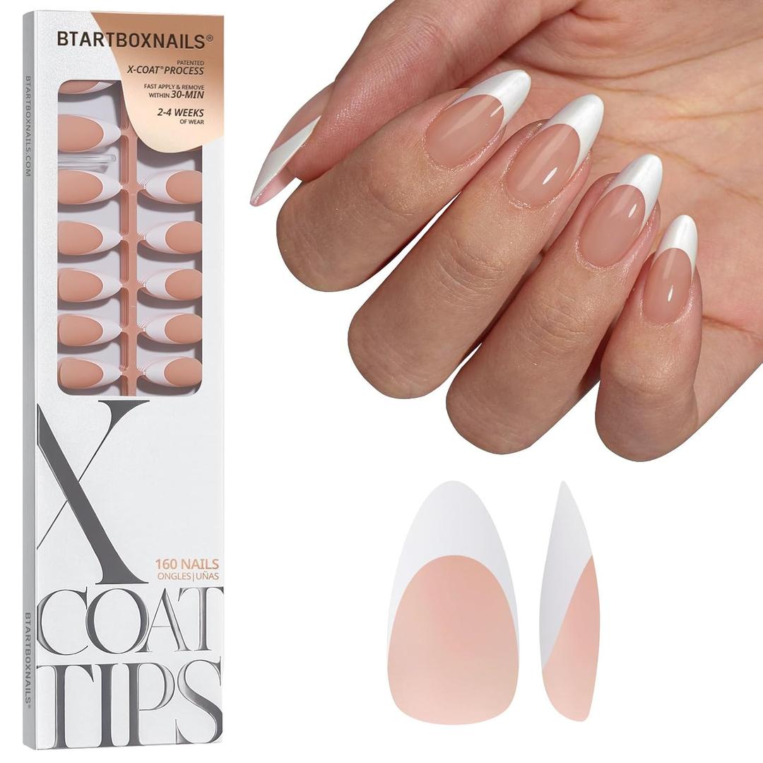 BTArtboxnails XCOATTIPS White French Tip Press On Nails, M Almond, Peach | Lamp-Curable, 4-Week Wear, Natural Nail Look, Salon Quality Value at Home, Easy-to-Apply for Beginners, 160ct Nail Tips Only