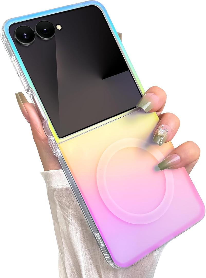 Cute Case for Samsung Galaxy Z Flip 7 Case for Women Girls [Compatible with Magsafe] Glitter Sparkly Girly Aesthetic Rainbow Magnetic Protective Cover, Translucent Iridescent Blue & Pink