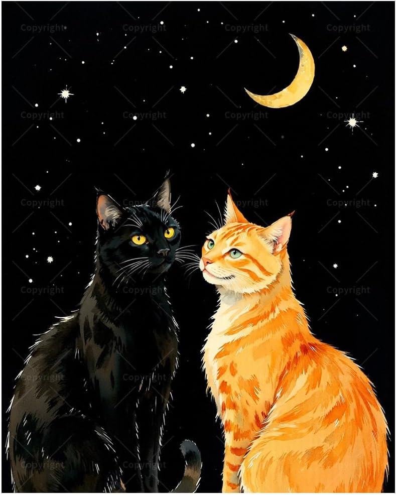 Moonlit Cats Paint by Numbers Kit for Adults - DIY Black and Orange Kitty Night Scene Painting on Canvas, Acrylic Paint Set, Suitable for Beginners, Art for Home Decoration or Gifts(16X20IN Framed)