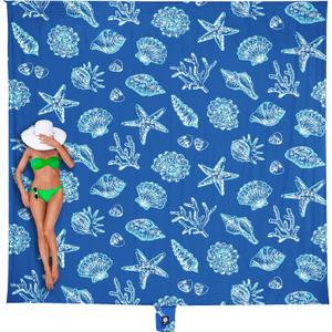 WEKAPO Beach Blanket Waterproof Sandproof Oversized, Extra Large Beach Mat Sand Free, Lightweight & Compact Sand Free Mat with 6 Stakes & 4 Corner Pockets (8 x 7 FT (14 person), Blue Sea Shells)