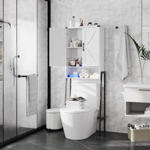 Over The Toilet Storage Cabinet with 2-Door Design Bathroom Organizers and Storage with Anti-Tip Device Over Toilet Organizer with Shelves for Bathroom,Restroom,Laundry White, 23.46" X 9.96" X 67.28"