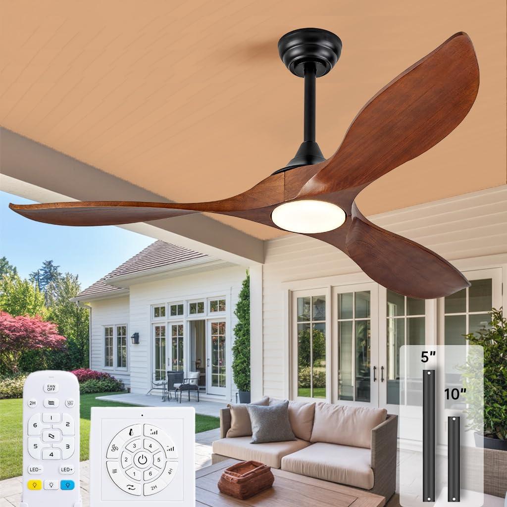 52 Inch Solid Wood Outdoor Ceiling Fans with Lights and Remote,3 Blade Modern Ceiling Fan with Wall Control Switch,Dimmable,Quiet Noiseless DC Motor for Patios,Farmhouse,Living Room,Bedroom