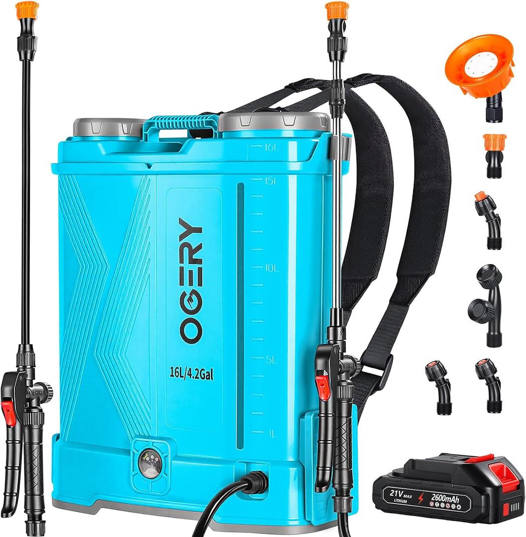 OGERY Battery Powered Backpack Sprayer 4 Gallon, 2.6Ah 21V Battery Electric Pump Sprayer with 6 Nozzles, Telescopic Stainless Steel + Plastic Wand for Lawn Garden Weed Yard Cleaning (Charger Included)