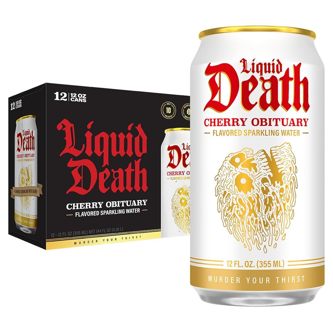 Liquid Death, Cherry Obituary, Soda-Flavored Sparkling Water, 12-Pack (12oz Cans), Low Sugar, Huge Flavor & No Artificial Sweeteners, BBD: 05/07/2027 Liquid Death, Cherry Obituary, Soda-Flavored Sparkling Water, 12-Pack (12oz Cans), Low Sugar, Huge Flavor & No Artificial Sweeteners, BBD: 05/07/2027