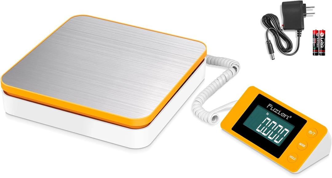 Fuzion Shipping Postal Scale - Package Scale 110LB x 0.1oz, Large LCD Display, 5 Units, Digital Scale for Packages, Postage - Dual Power Supply (Batteries & Adapter) (Orange+White)