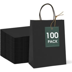 GSSUSA 100 Pack 8x4.75x10'' Paper Bags with Handles Bulk, Black Paper Gift Bags for Small Business, Sturdy Grocery Retail Shopping Bags, Birthday Party Favor Bags, Craft Bags, Kraft Bags