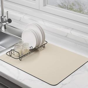 Dish Drying Mat for Kitchen Counter Super Absorbent Drainer Mats with Non-slip Rubber Backed Hide Stain Heat Resistant Easy to Clean Dish Rack Mat (Beige, S-14"x11")