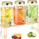 Tanlade 3 Pcs Plastic Drink Dispenser with Stand Beverage Dispenser with Sturdy Metal Base Juice Dispensers for Parties Lemonade Jar Spigot for Weddings Countertop, Each 1 Gallon(Gold)