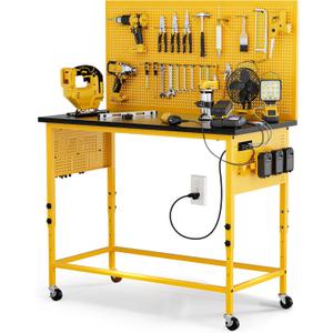 Work Bench, Ferreteriai 47" Heavy Duty Workbench with Power Outlet & USB-C, Exclusive Yellow Side Battery Holder, Adjustable Height, 2100LB Capacity, Locking Wheels for Garage Workshop
