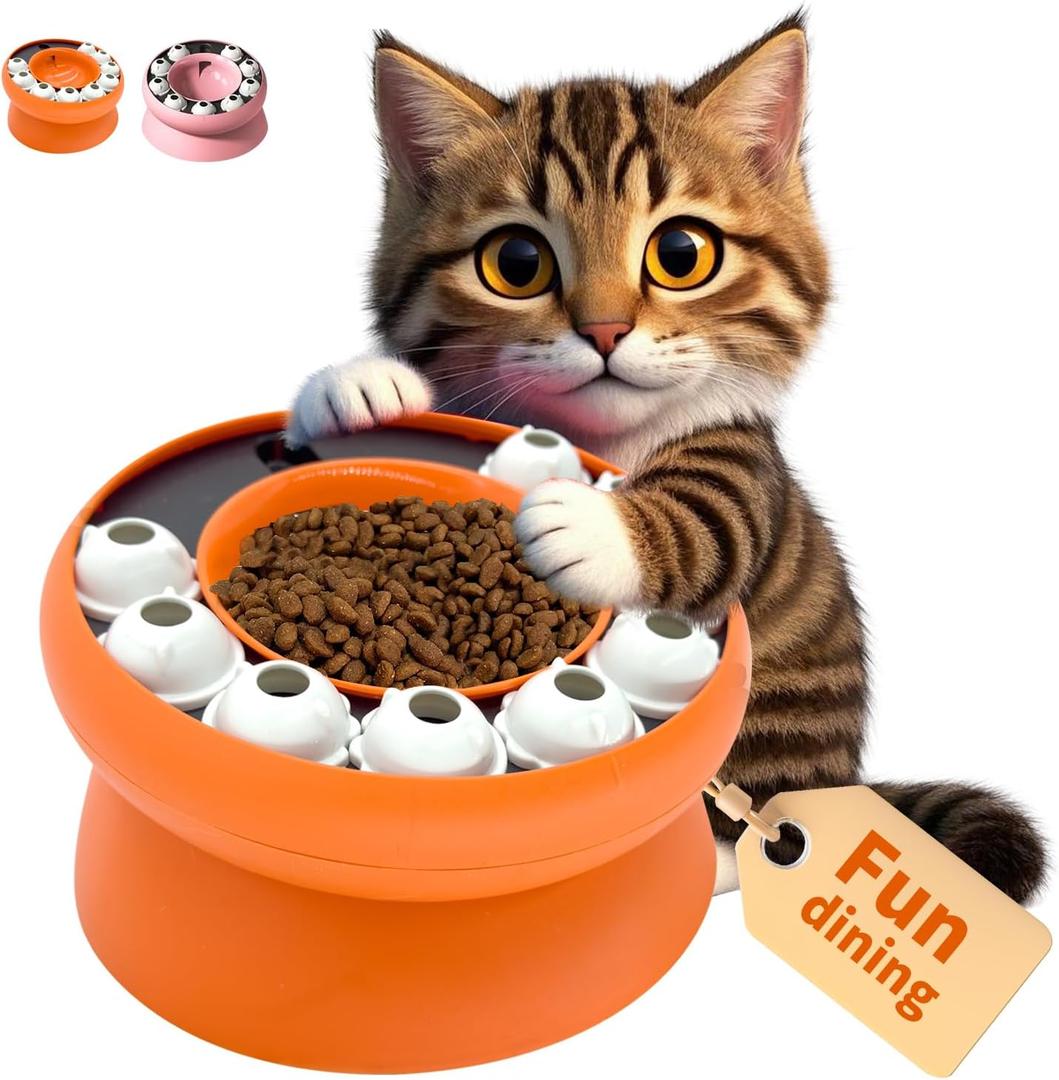 Bonbonpaws Interactive Cat Slow Feeder Bowl – Puzzle Bowl for Indoor Cats & Dogs, Kitten Puzzles Toys Treat Dispensing Food Dispenser (Orange)