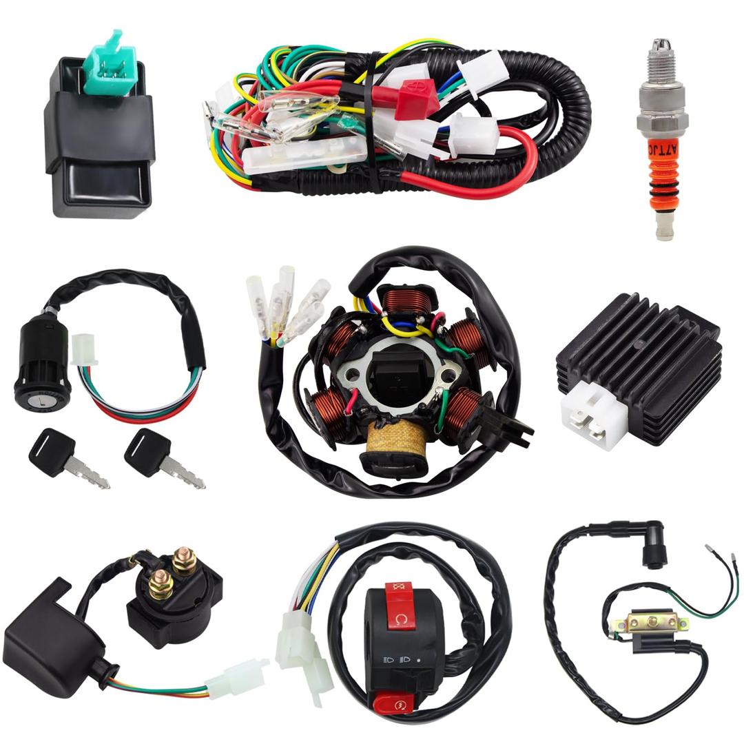 Complete Electrics Stator Coil CDI Wiring Harness Spark Plug Kits Aftermarket Replacement Parts Fit for 50cc 70cc 110cc 125cc ATV Go Kart Quad 4 Wheeler Dirt Pit Bikes.