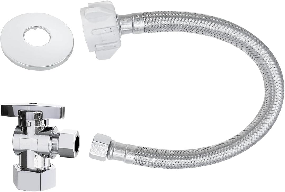 VINTEX Toilet Connector Plumbing kitComplete Toilet Set Valve with 12" Long Stainless Steel Toilet Connector Hose1/2 inch NOM Inlet x 3/8 inch OD Compression Outlet Angle Shut Off+Escutcheon Plate