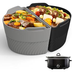 Silicone Slow Cooker Liners Compatible With Crock Pot 6-8 QT,Slow Cooker Divider Allows Cooking Two Different Meals At Once Time, Reusable Silicone Divider Insert, Dishwasher Safe, BPA Free. (Black gray)