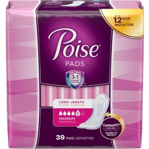 Poise Incontinence Pads, Maximum Absorbency, Long, 39 Count (Pack of 4)
