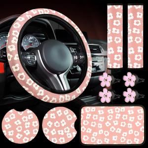 Frienda 10 Pcs Vintage Groovy Car Accessories Set - Floral Steering Wheel Cover, Air Vent Clips, Center Console Armrest Cushion, Car Cup Mats, Seat Belt Covers (Pink)