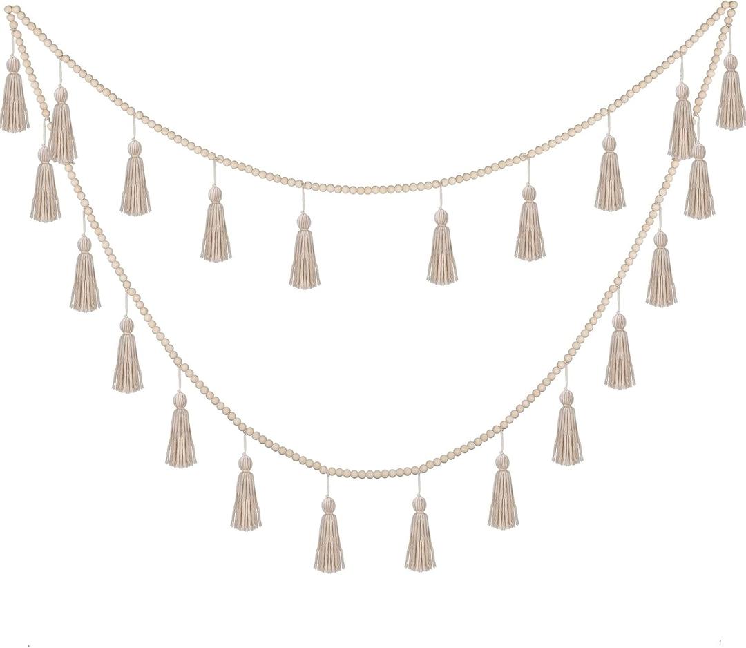 Janinka Boho Macrame Tassel Garland Decor Wooden Bead Garlands 9.8ft Wood Beads Banner with Tassels Boho Wall Hanging Banner Farmhouse Home Decor Rustic Country Holiday Decoration(Classic Color)