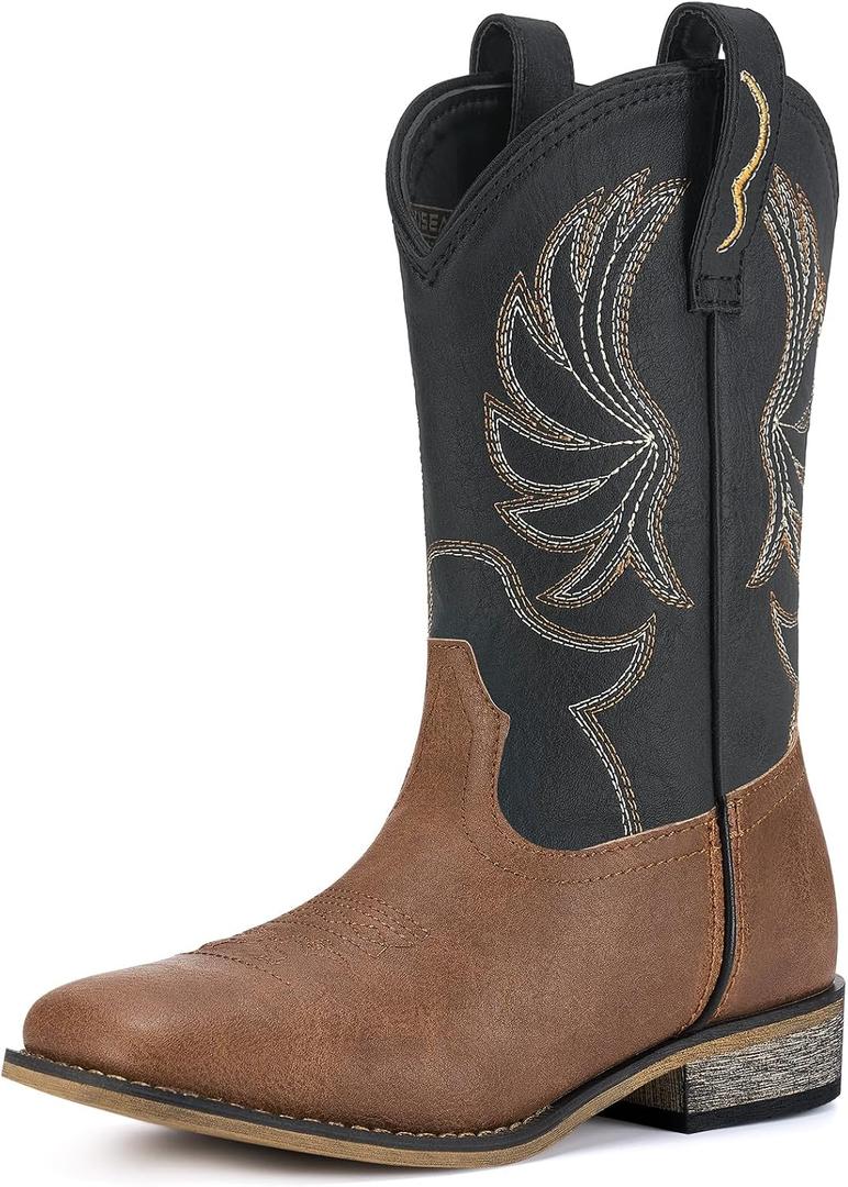 Rollda Kids Cowboy Boots for Boys Girls Western Square Toe Cowgirl Boots with Walking Heel, 5 Big Kid, Black/Tan