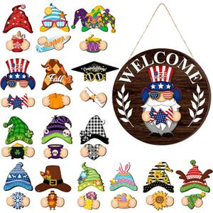 Qunclay Interchangeable Wooden Gnome Decor Holiday Seasonal Gnome Decorations with Magnet Pieces and Detachable Hats Changeable Welcome Sign for Home (Elegant Style)