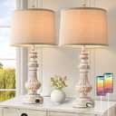 Tall Table Lamps Set of 2, 28 Vintage Table Lamps with Dual USB Ports, Resin Bedside Lamps with Rotary Switch, Nightstand Lamps with E26 Base, Desk Lamp with Fabric Shade for Living Room Bedroom