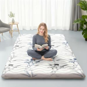 SCHNAUZER HOME Japanese Floor Mattress, 3.5" Thicken Ink Wash Floral Pattern Portable Futon Mattress, 100% High-Density Foam Tatami Mat Sleeping Pad for Camping Guest Room Dormitory RV, White, Full